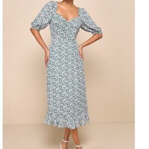 LULU'S SZ M Green Cute Contentment Floral Button-Front Ruffled Dress B115 flaw